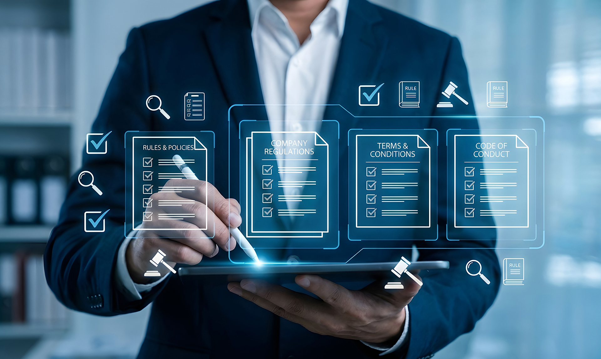 Business professional reviewing digital compliance documents and governance requirements on a tablet. Caption