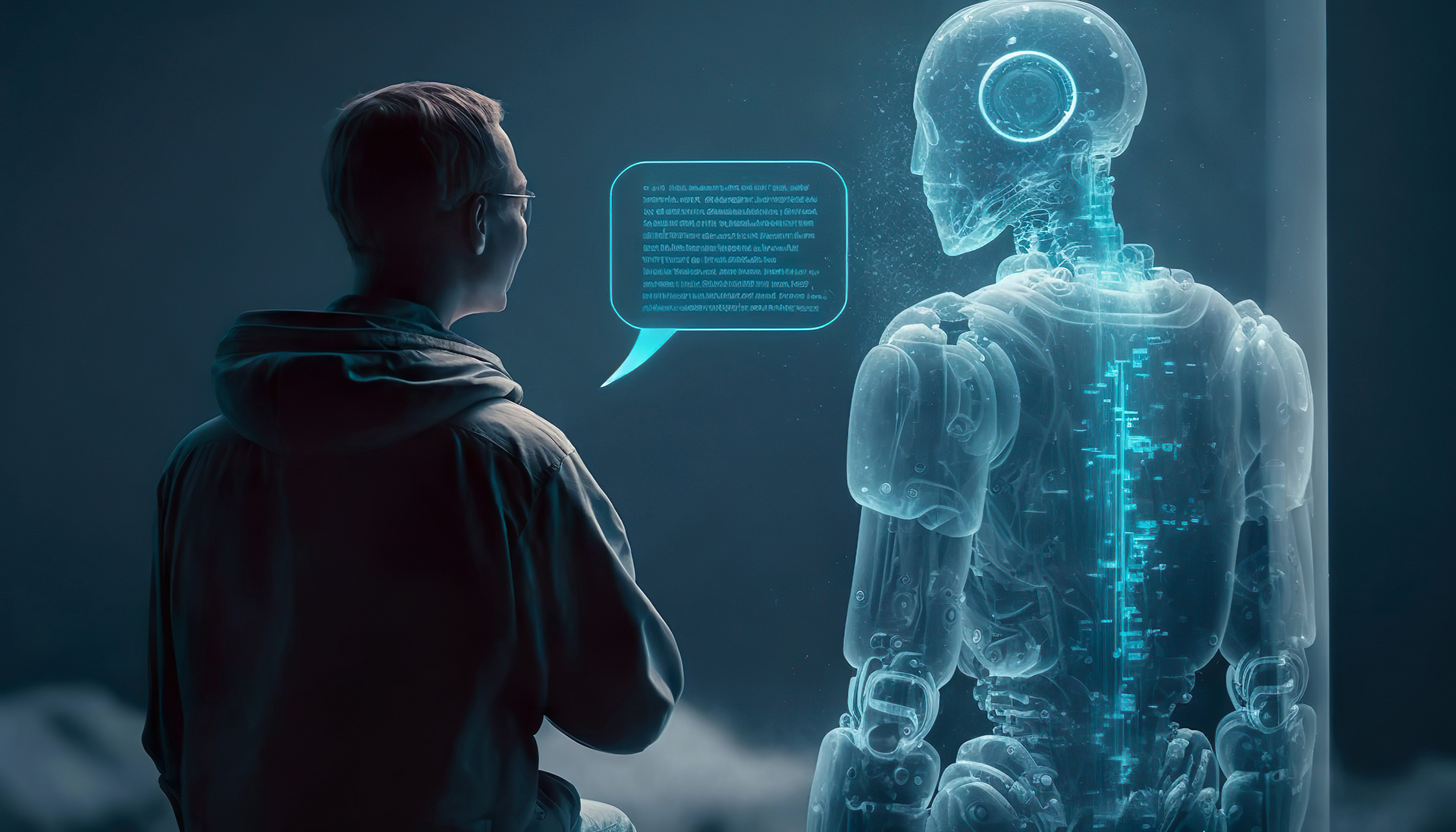 Person interacting with an artificial intelligence system representing building intelligence and smart building technology.