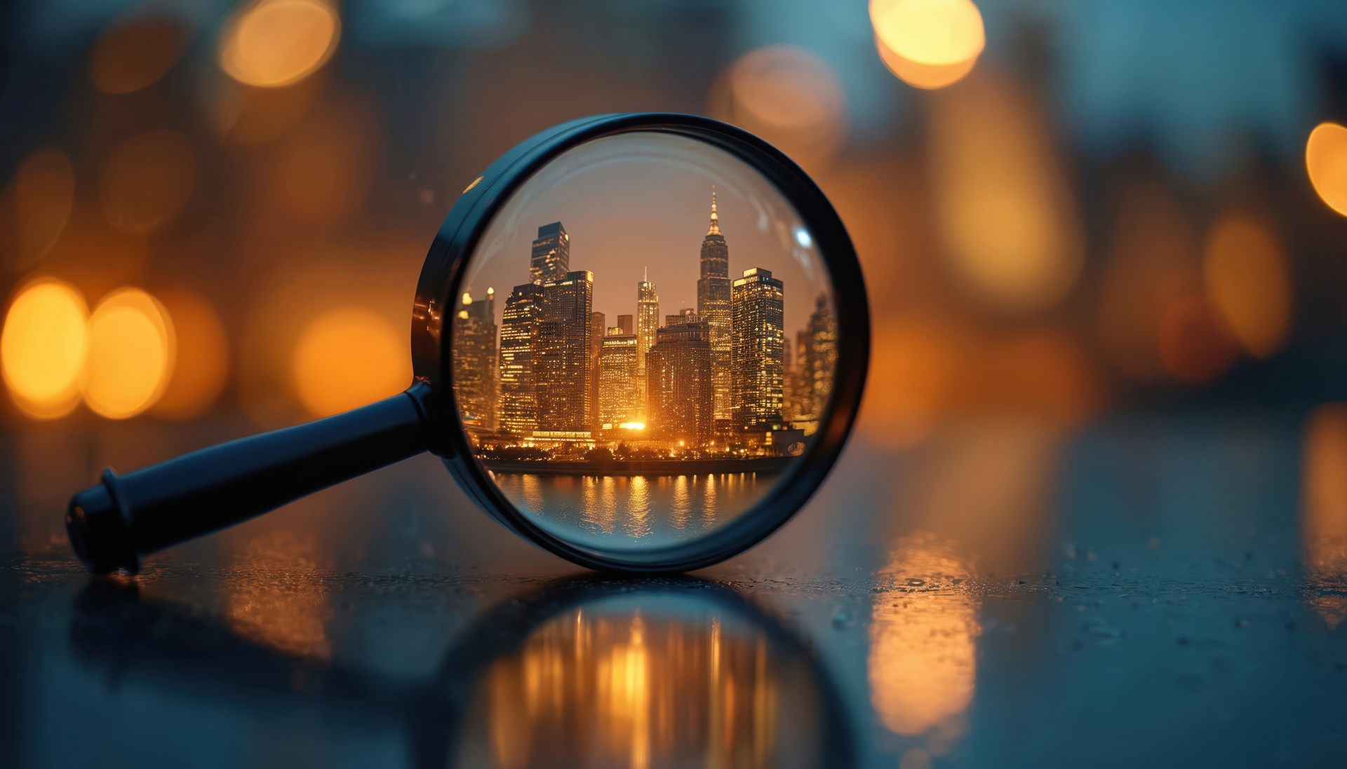 Magnifying glass focusing on a city skyline representing building intelligence and commercial property analysis.