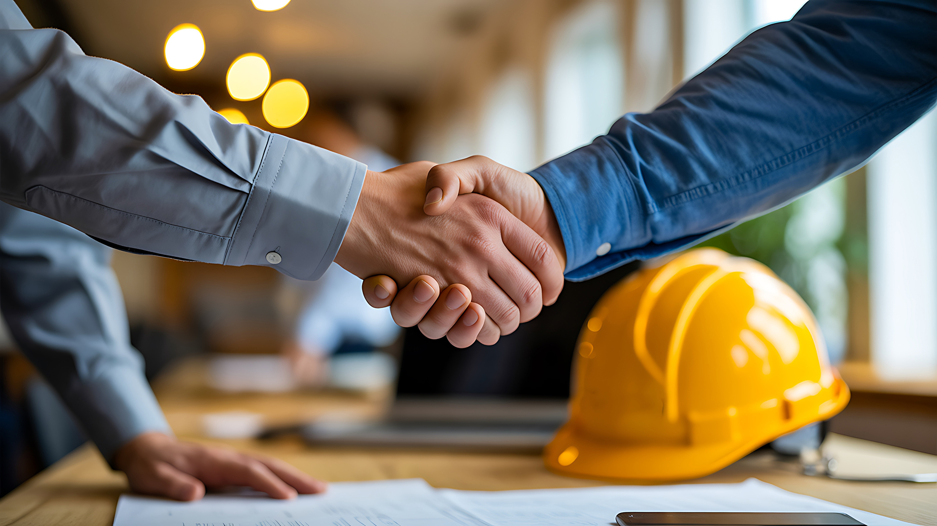 Building manager and contractor shaking hands during a commercial building maintenance agreement.