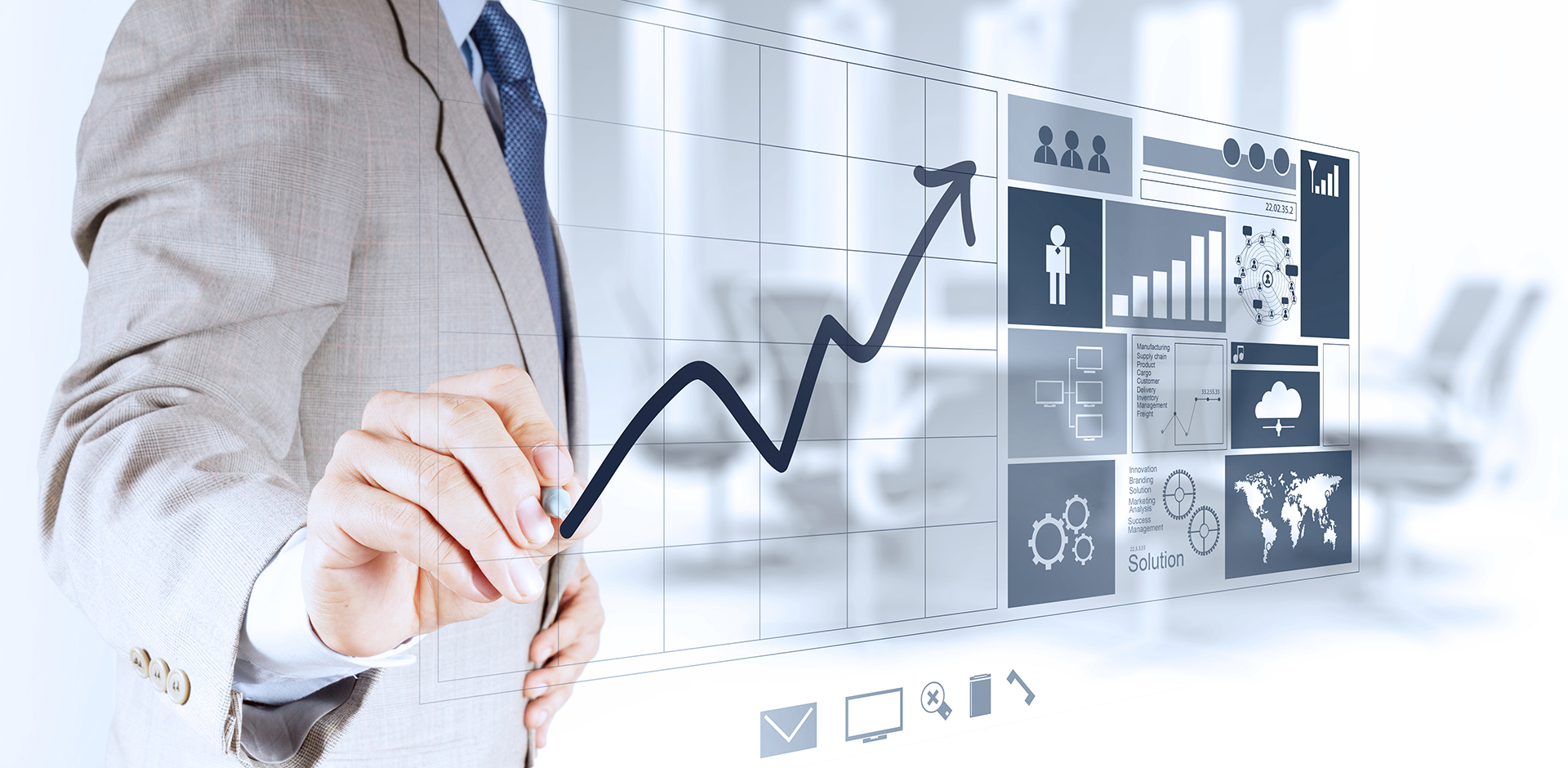 Business professional reviewing operational performance dashboards and governance metrics to improve building operations.