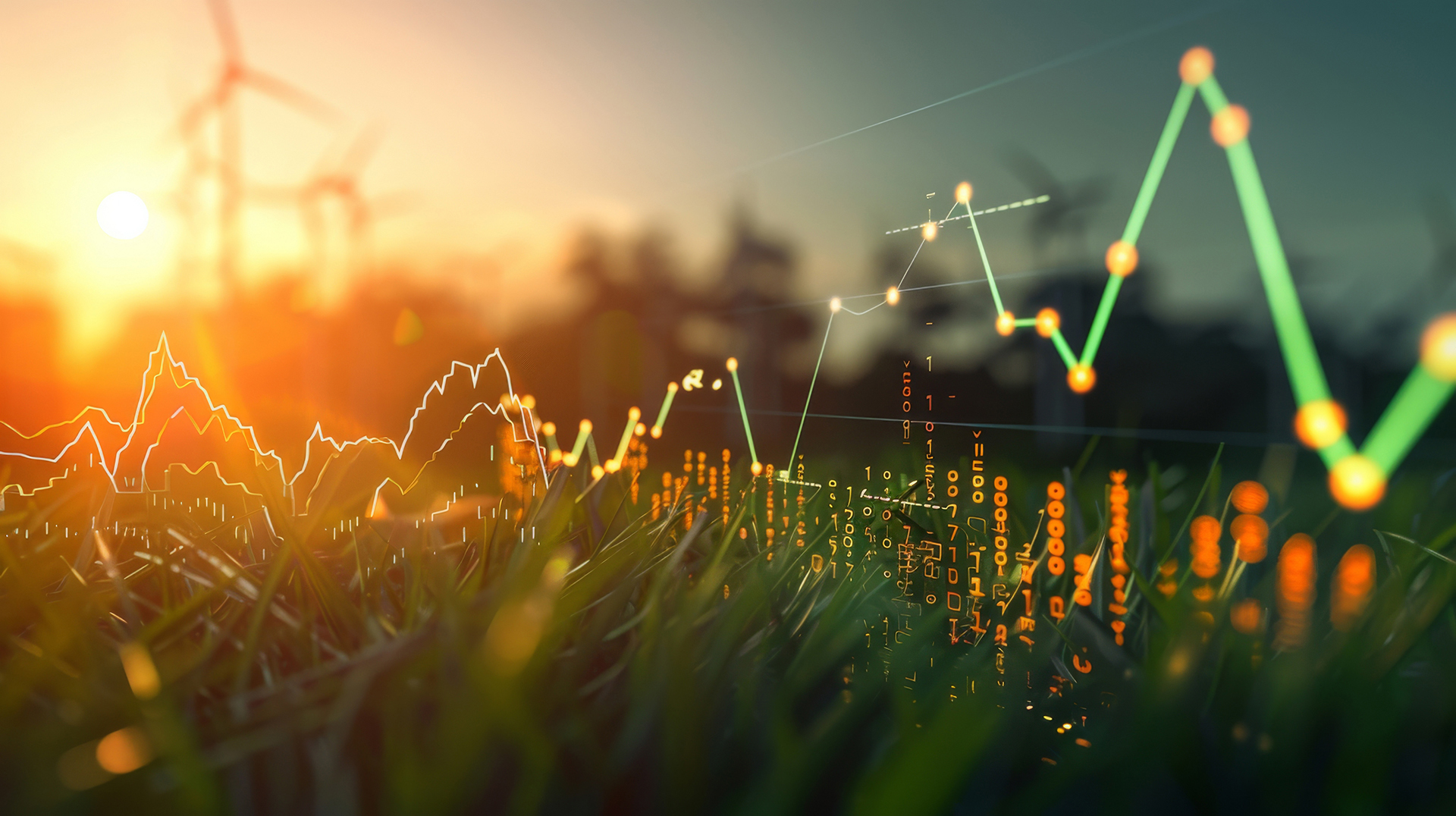 Energy performance analytics and sustainability data displayed over a renewable energy landscape