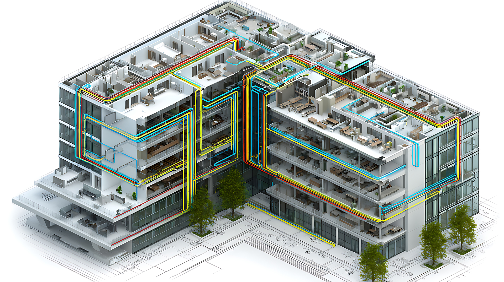 Building services infrastructure diagram representing contractor management, maintenance governance, and building operations oversight.