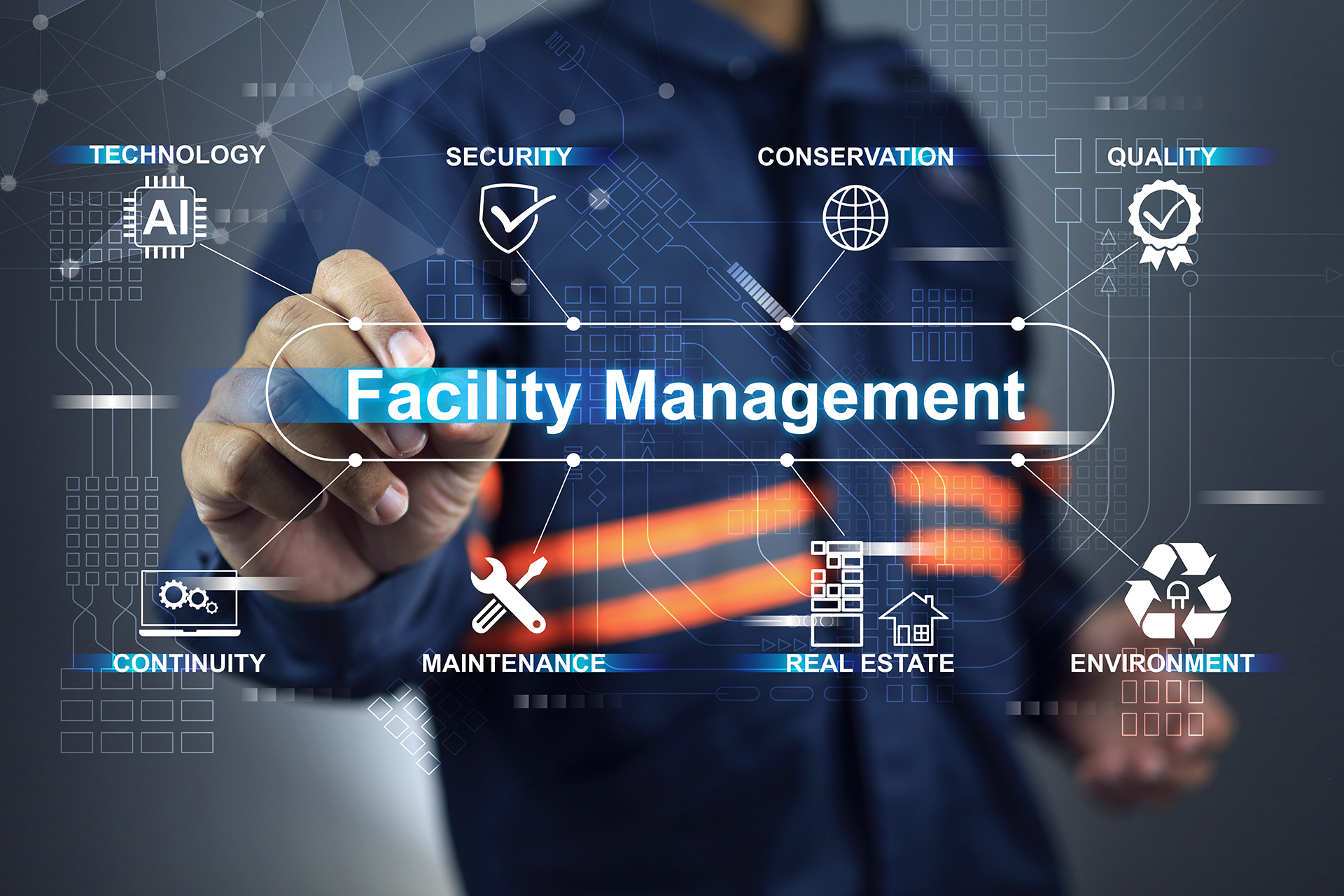 Facility management professional using a digital building operations dashboard to support governance and building performance.