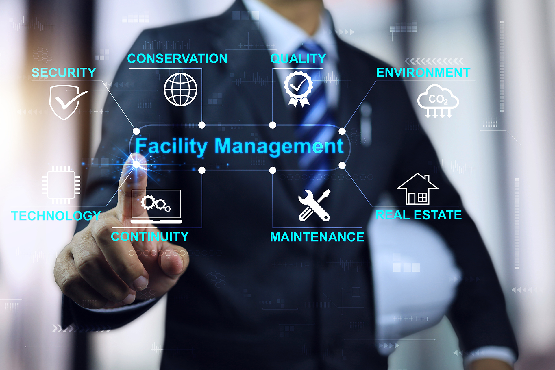 Facility manager overseeing maintenance, compliance, technology, sustainability, and building operations.