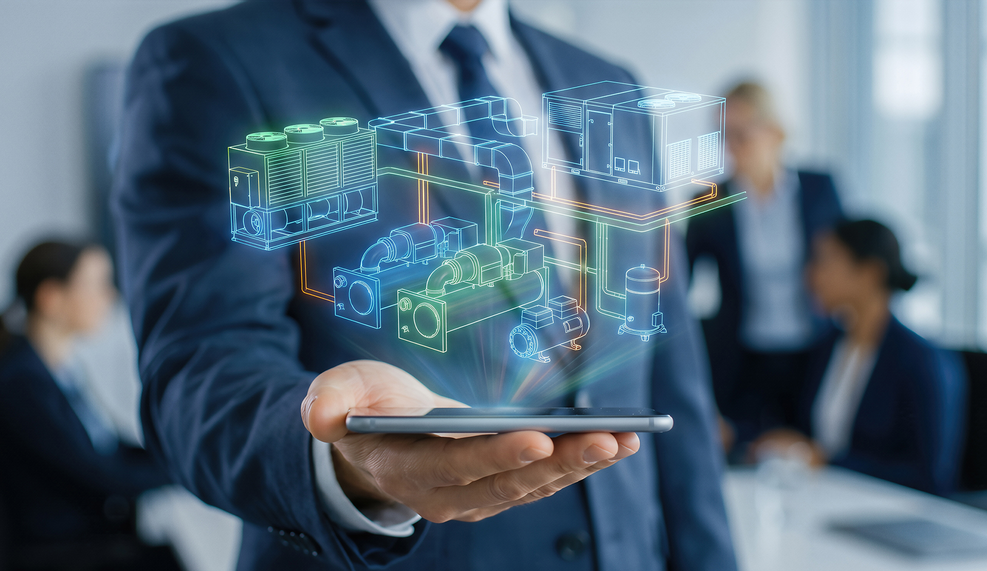 Digital 3D model of commercial HVAC and building services systems displayed on a tablet.

Caption