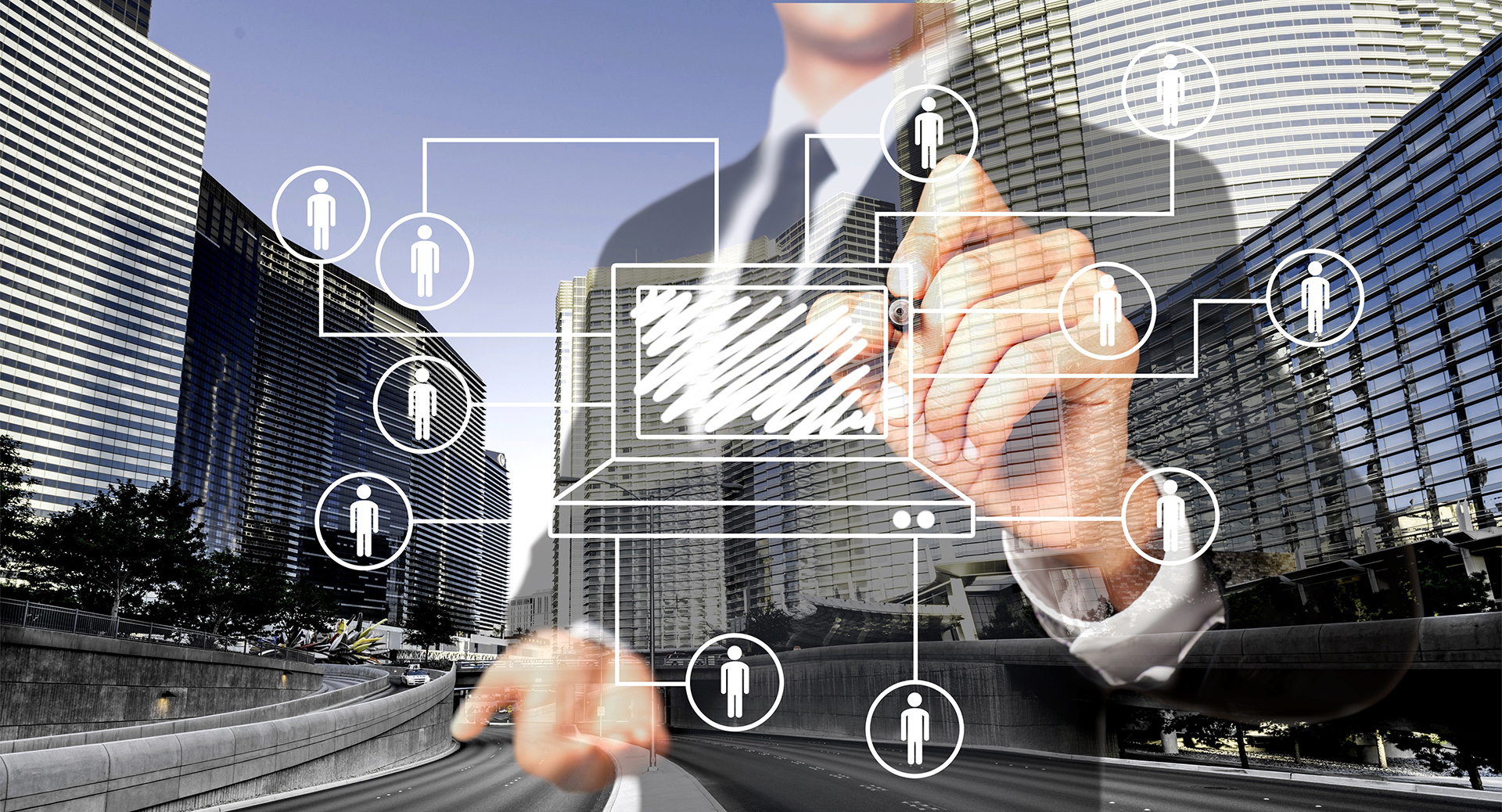 Business professional interacting with a digital building management network over a commercial city skyline.