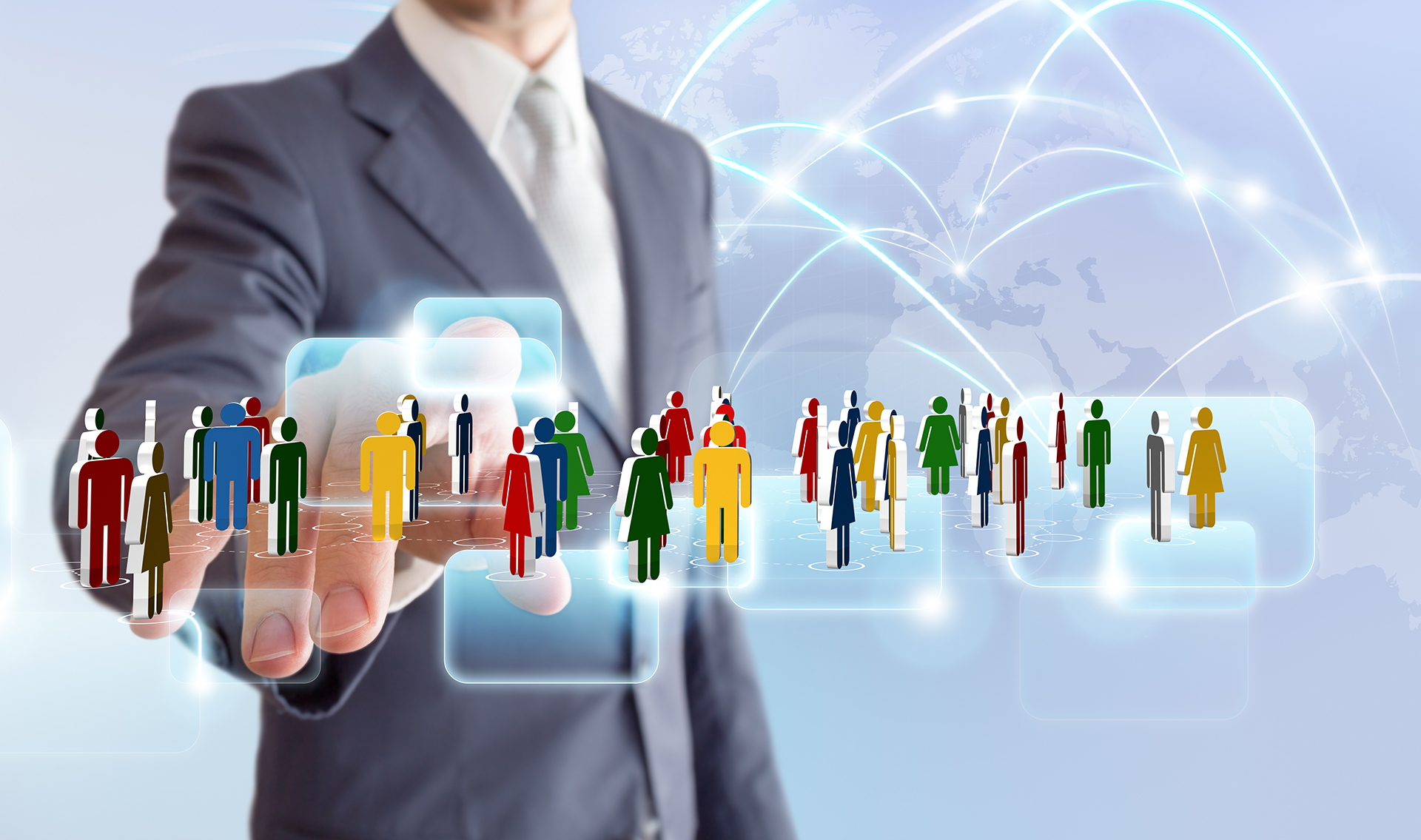 Business professional managing multiple stakeholders through digital communication and connected networks.