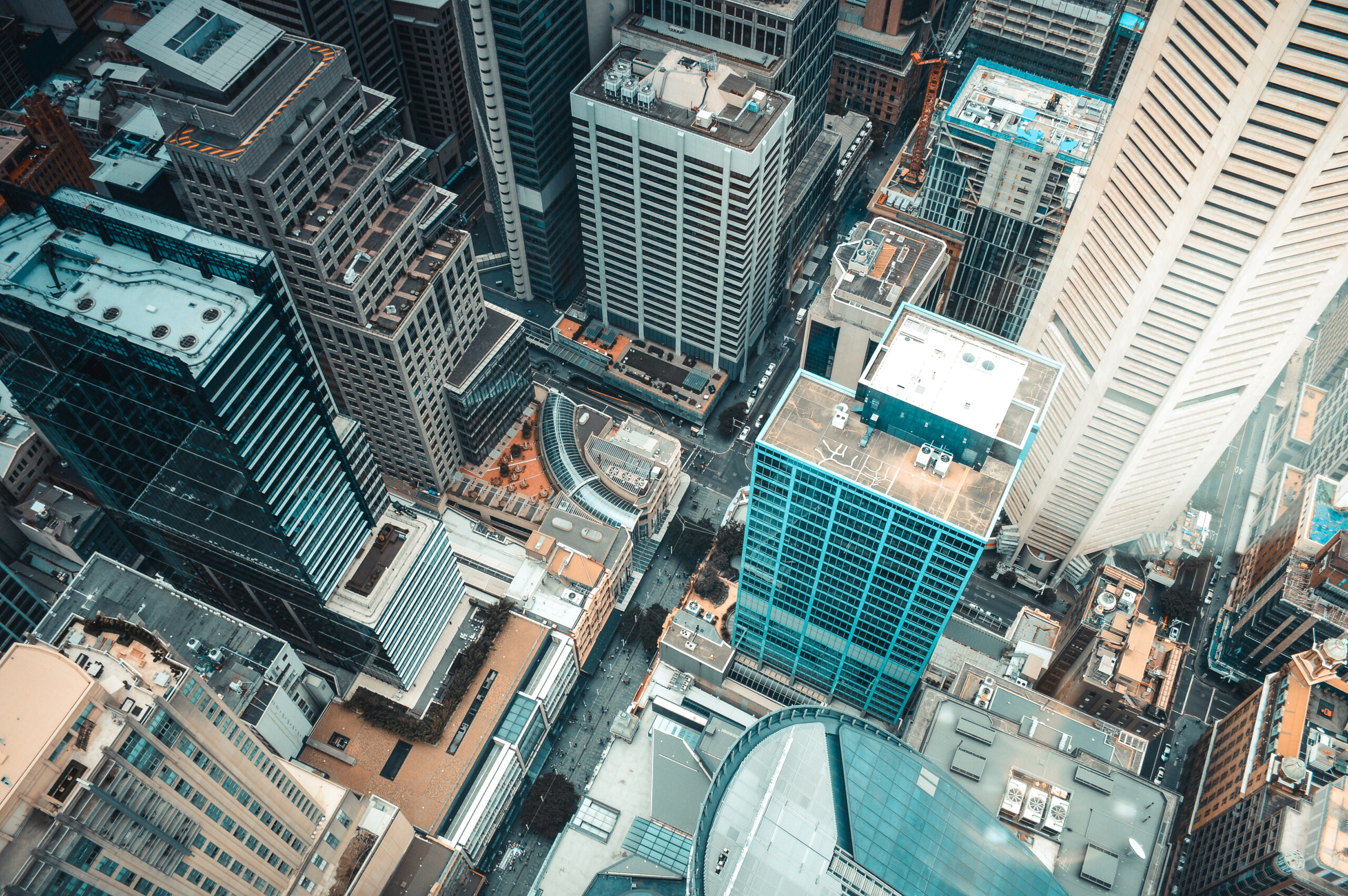 Aerial view of commercial office buildings and city infrastructure in Sydney CBD.