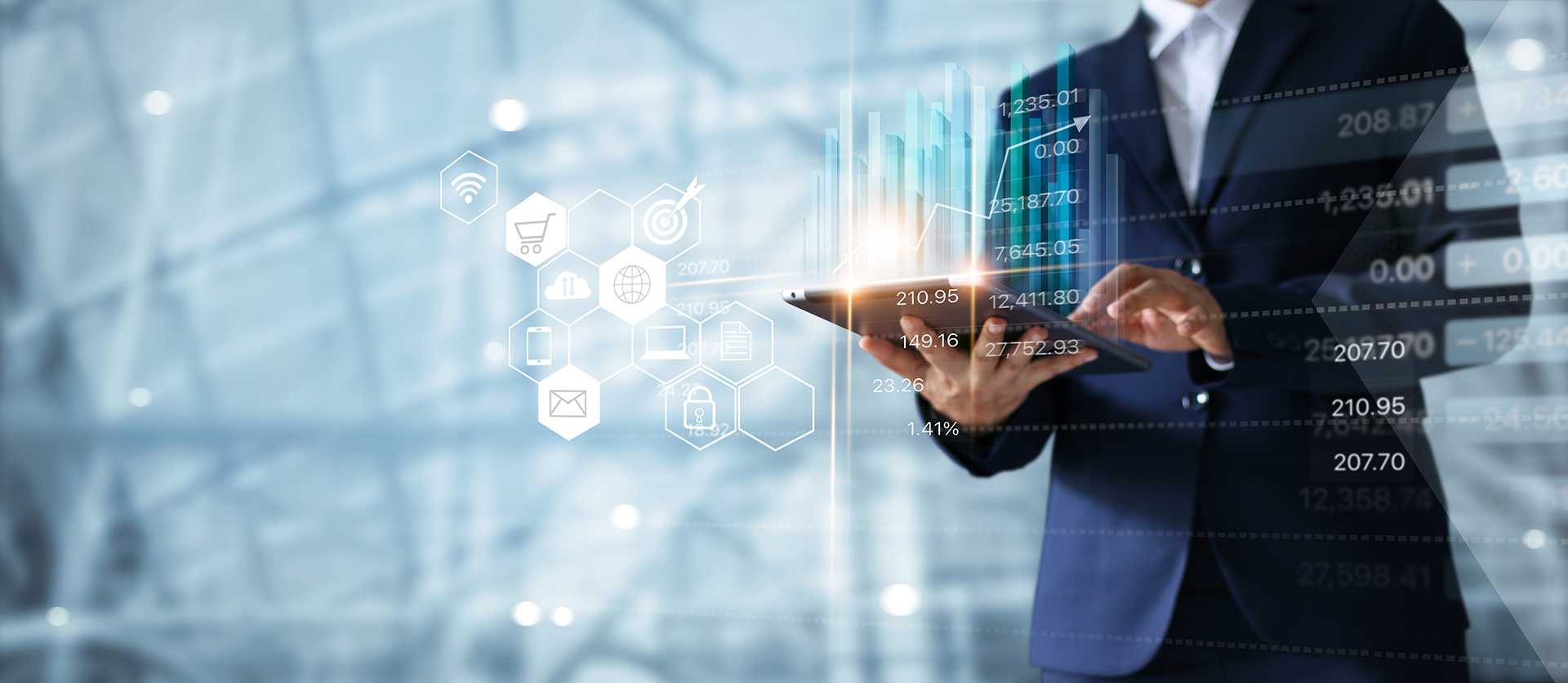Property professional using a tablet to review building operations data, governance metrics, and performance reporting.